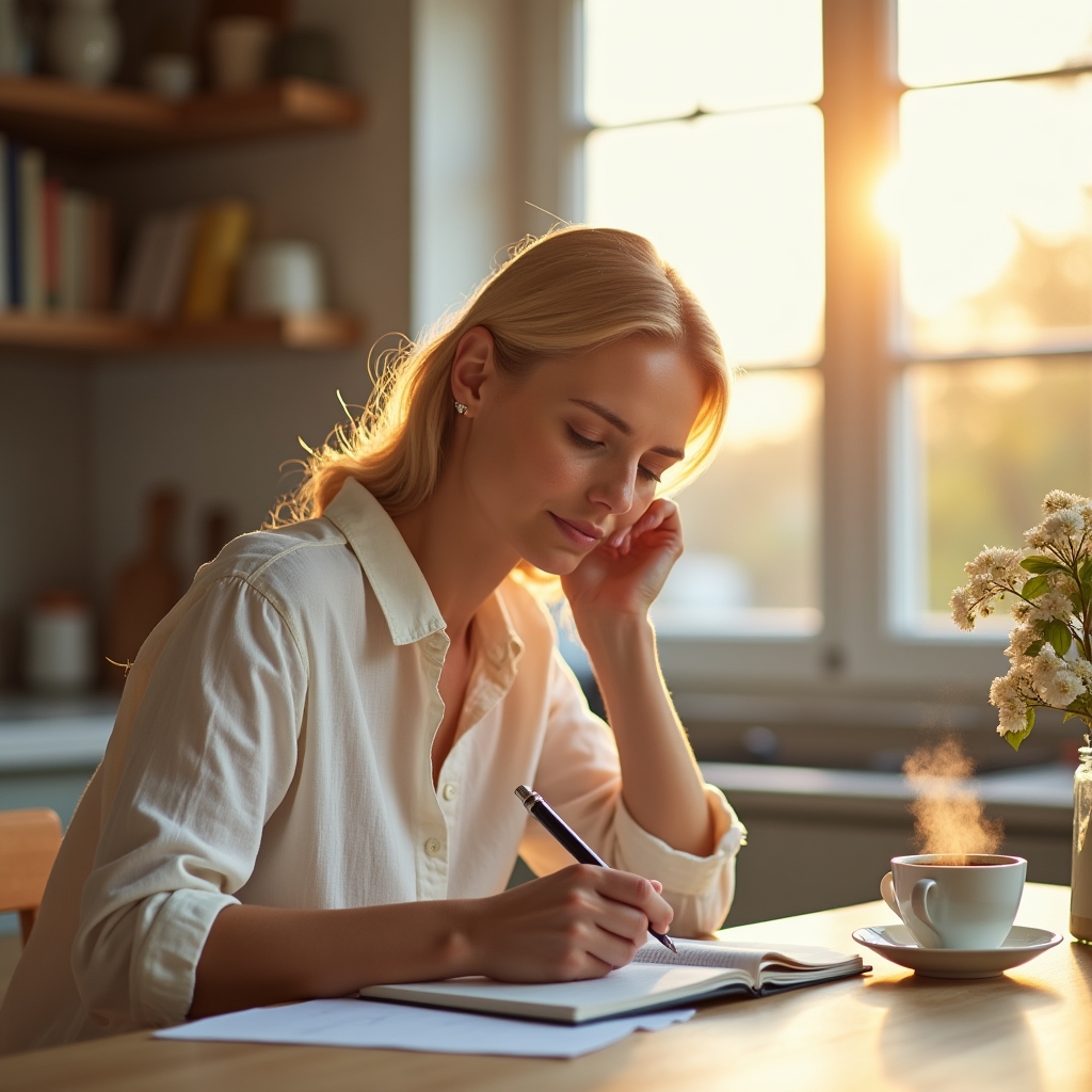 Persona che scrive su un quaderno al mattino con luce naturale, pianificazione consapevole delle decisioni finanziarie