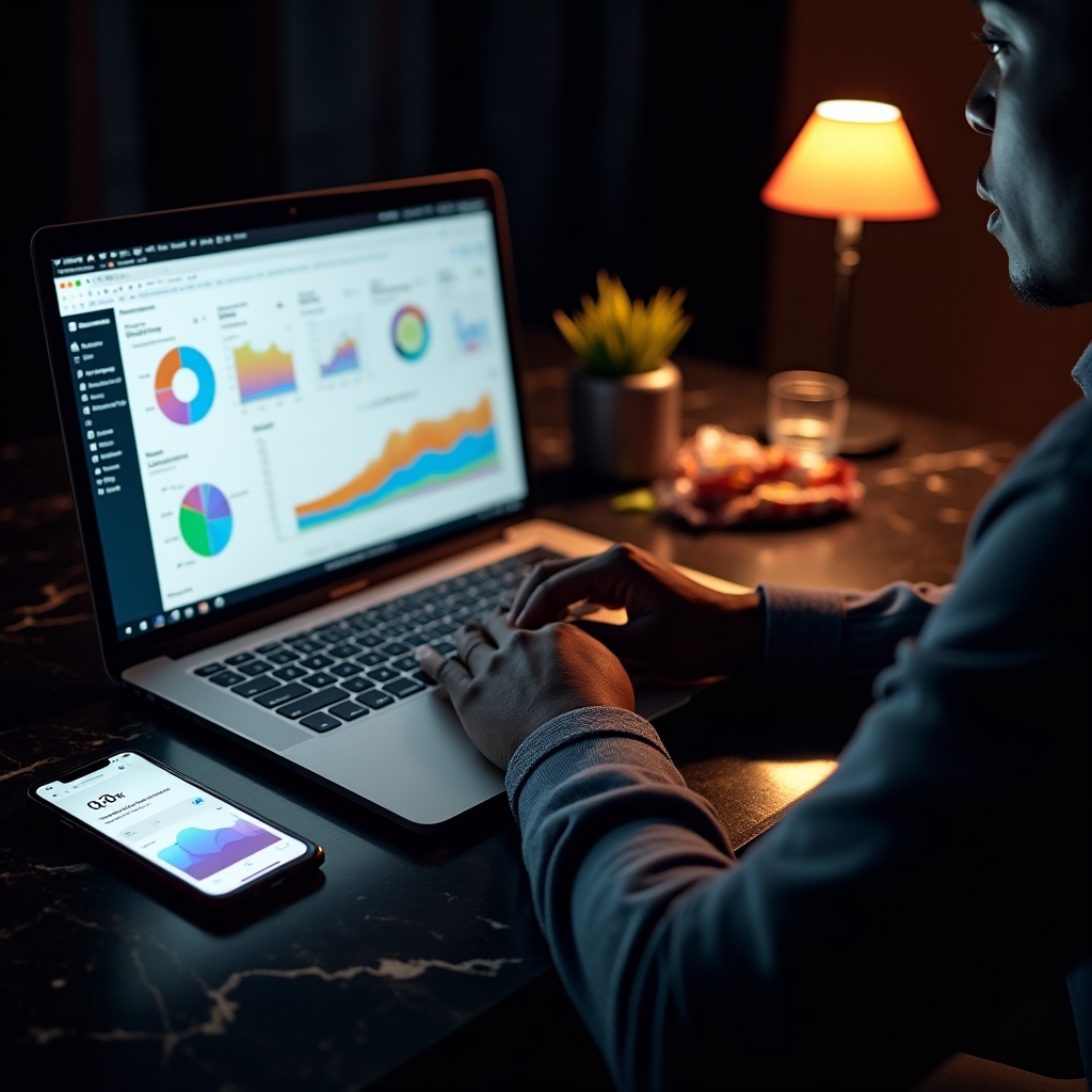 Grafico comportamentale degli acquisti online notturni su dispositivo mobile illuminato nel buio