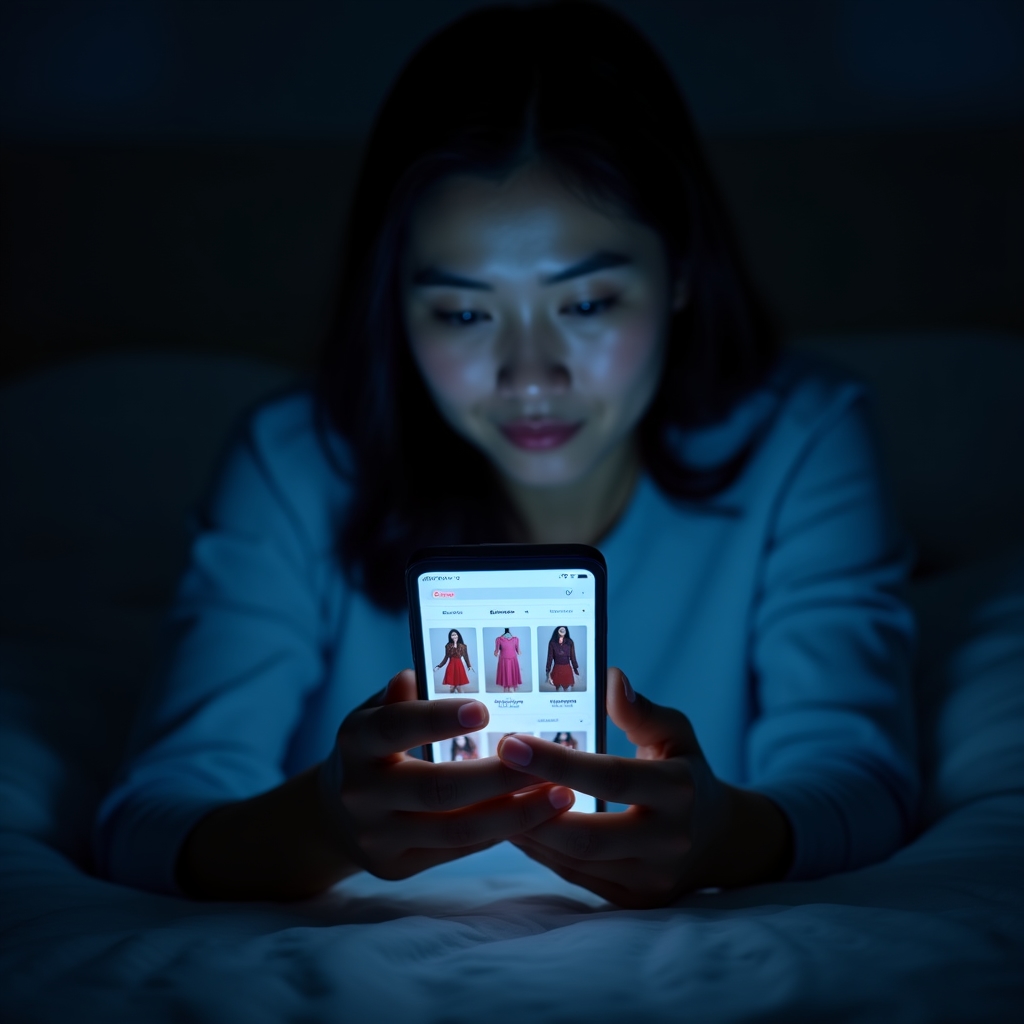 Mano che scorre su uno smartphone di notte per fare acquisti online impulsivi