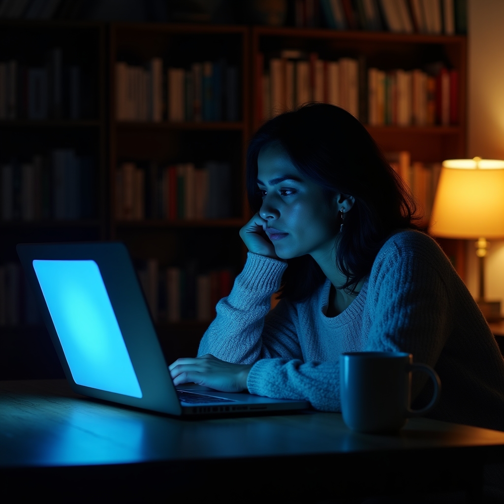 Persona stanca di fronte allo schermo del computer di sera, simbolo delle decisioni impulsive notturne