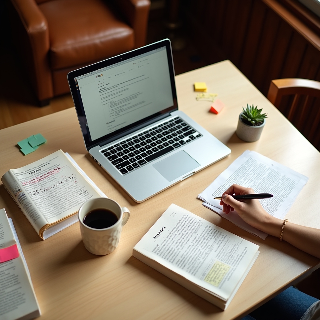 Scrivania ordinata con libri di psicologia cognitiva, appunti e computer portatile per divulgazione scientifica